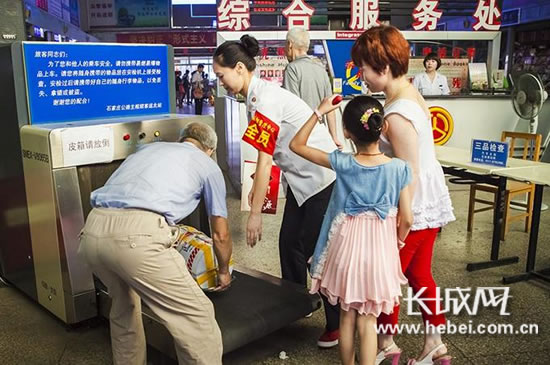 旅客们把物品放入安检机