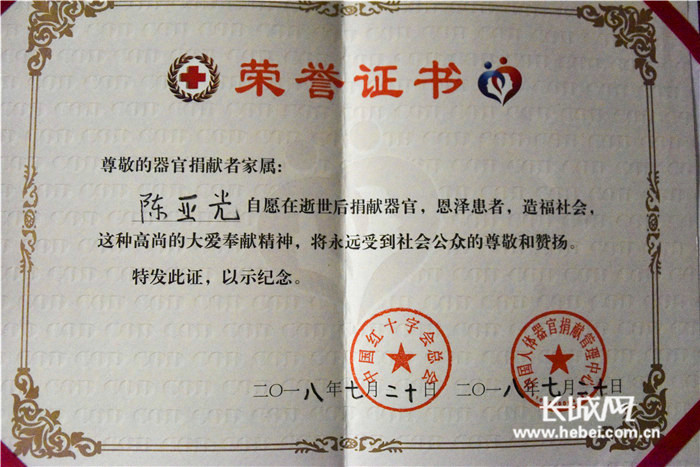 陈亚光的器官捐献荣誉证书.遵化宣传部供图